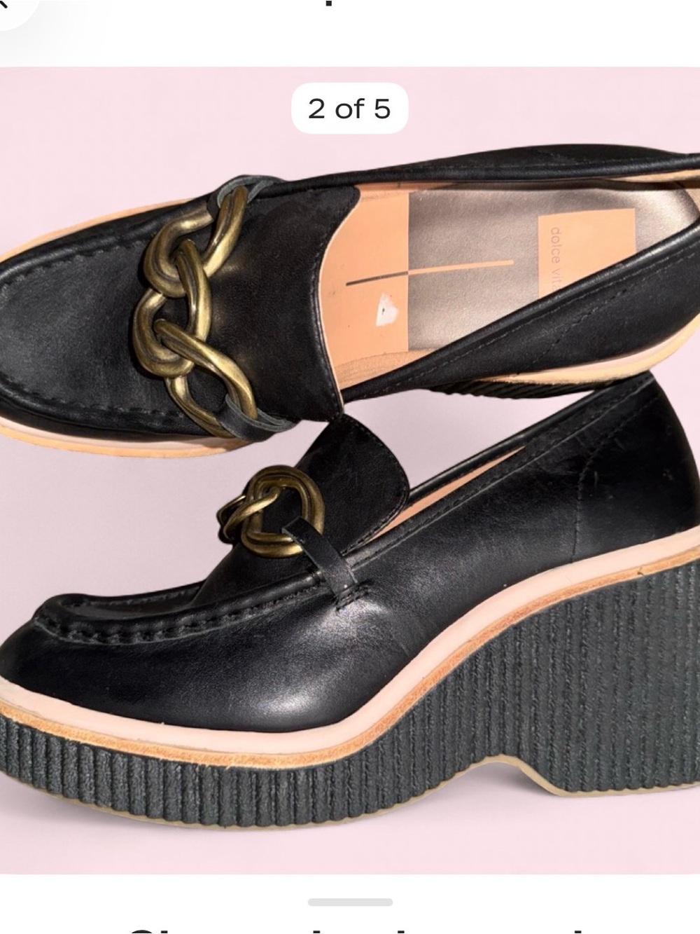 Dolce Vita Black Leather Platform Loafers with Gold Chain